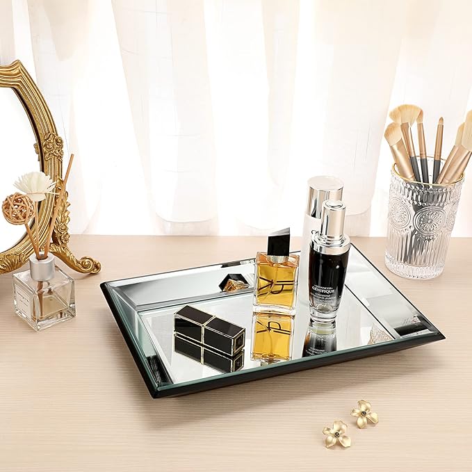 Hipiwe Glass Mirror Makeup Vanity Tray Black Rectangle Perfume Jewelry Trinket Organizer Coffee Table Centrepiece Decorative Dresser Bathroom Storage, 11.9x7.9 inch