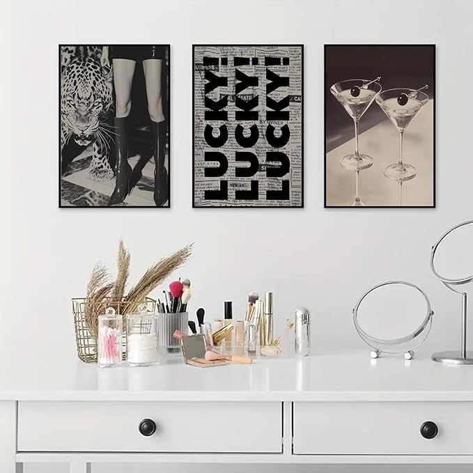 Trendy Leopard Wall Art Fashion Cheetah Lucky Martini Wall Decor Pictures Funky Vintage Preppy Luxury Aesthetic Posters Prints for Girly Bedroom Apartment Dorm Decoration Unframed 12x16in
