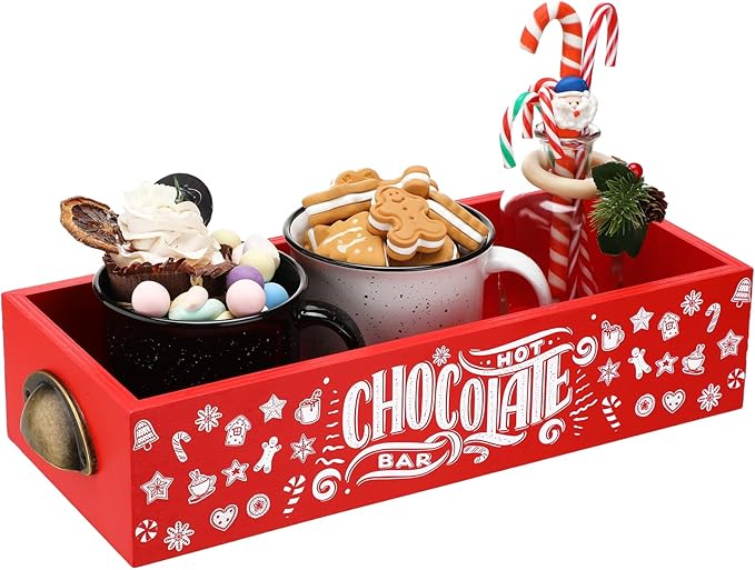 Soaoo Christmas Hot Cocoa Bar Wood Storage Box Cocoa Decorative Organizer Christmas Basket Organizer Bins Xmas Open Holder Box for Home Kitchen Office Holiday Gift(Red, White,Cane)