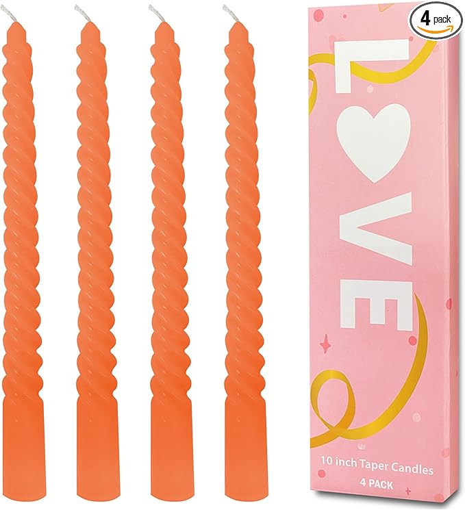 Orange Taper Candles, Spiral Twisted Taper Candles Set of 4, Unscented Taper Candlesticks 10 inch Tall, Home Decor Kitchen Decor Wedding Halloween Decorations