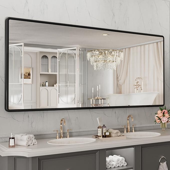 pertetey New Upgrade Bathroom Mirror, 72X36 Inch Black Metal Frame Wall Mounted Rounded Rectangle Bathroom Vanity Mirror with Tempered Glass for Washroom Bedroom Living Room