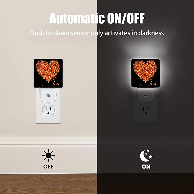Autumn Art Hearts Night Light Plug in Wall Lamp Smart Dusk to Dawn Sensor for Home Decorative, Kids Room Bedroom Bathroom Kitchen Hallway Gifts