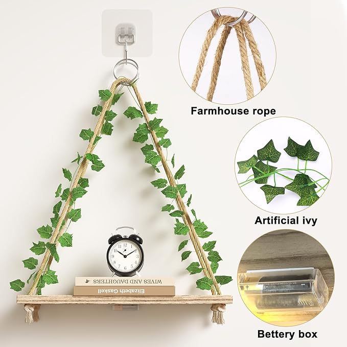Fixwal Artificial Ivy LED-Strip Floating Shelves Set of 2, Macrame Hanging Shelves Plant Wall Decor, Rustic Boho Wood Wall Storage Shelves for Bedroom, Living Room, Bathroom Decor (Rustic Brown)