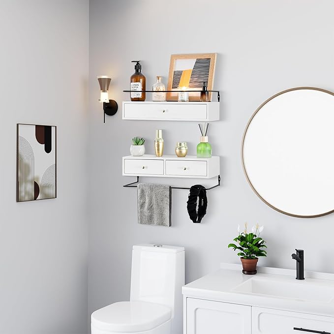 DreamPossible Floating Shelves for Wall Storage - Wall Mounted Bathroom Shelf Set of 2 with Drawers, Rustic Wood Shelves for Bedroom, Living Room, Kitchen, Home Decor, Plants, Books