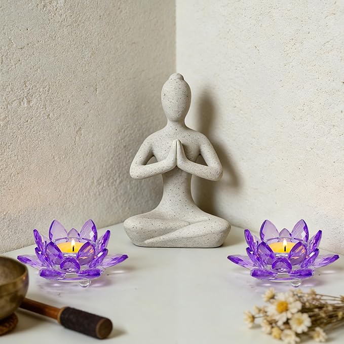 2 Pcs Purple Crystal Lotus Flower Tealight Candle Holder | Glass Votive Candlestick Decor for Home, Wedding, Party & Christmas Table Centerpieces