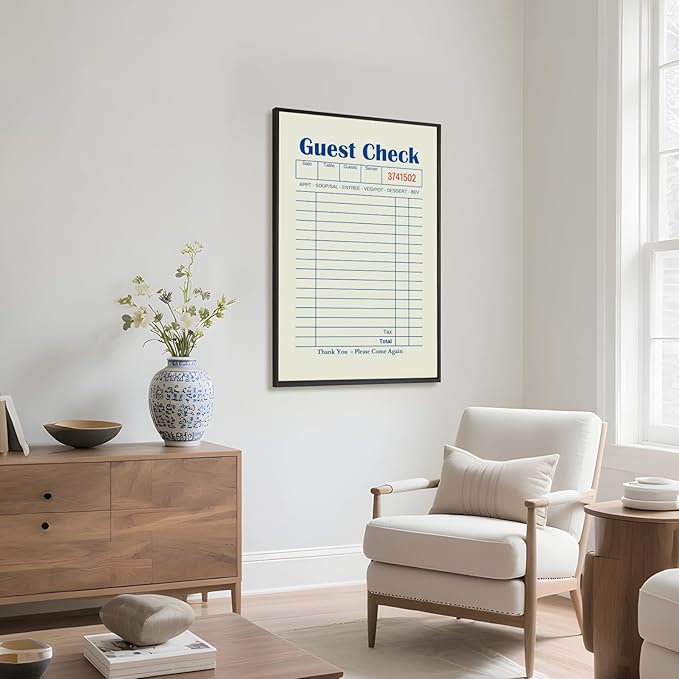 Licpach Blank Guest Check Kitchen Wall Art Retro Restaurant Blue Guest List Canvas Print Funny Poster Trendy Minimal Receipt Sheet Painting for Dining Room Cafe Coffee Bar Decor 8x12inch Black Frame