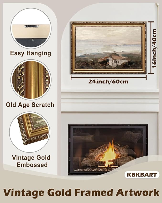 KBKBART Vintage Framed Wall Art for Living Room, Retro Muted European Coastal Prints Painting, Neutral Warm Tone Landscape Art Wall Decor, Gold Framed Oil Painting Canvas Artwork for Farmhouse Wall Decor, 16"x24"