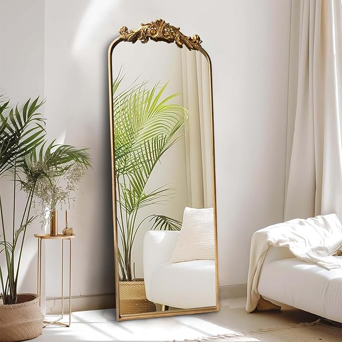 HQiJun Full Length Wall Mirror Decorative Full Body Mirrors Traditional Antique Arched Farmhouse for Living Room Bedroom Entryway Bathroom Vanity (58X13 Inches, Gold)