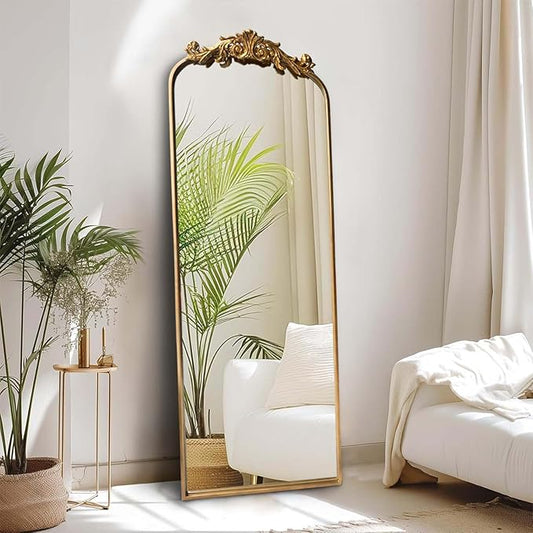 HQiJun Full Length Wall Mirror Decorative Full Body Mirrors Traditional Antique Arched Farmhouse for Living Room Bedroom Entryway Bathroom Vanity (58X13 Inches, Gold)