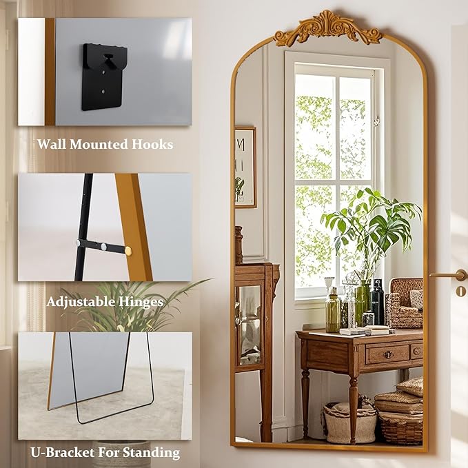 GLSLAND 71"x 32" Gold Vintage Arched Full Length Mirror - Large Carved Standing Floor Mirror with Metal Frame for Bedroom/Living Room/Entryway