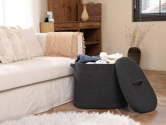 22"x14"x18" Rectangular Extra Large Storage Basket With Lid, Large Cotton Rope Storage Basket, Woven Laundry Hamper, Cloth Storage Bin, for Clothes Towels Blankets in Living Room, All Black Grey Mix