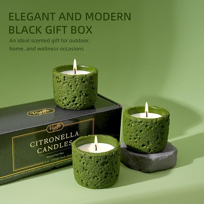 Viyffo 3 Pack Green Citronella Candles Outdoor, Citronella Candle Set Indoor, Lemongrass Candles for Home Scented, Non Toxic Soy, Ceramic Jar for Patio Décor & Camping Gift (6oz, 12 Hour Burn Each)