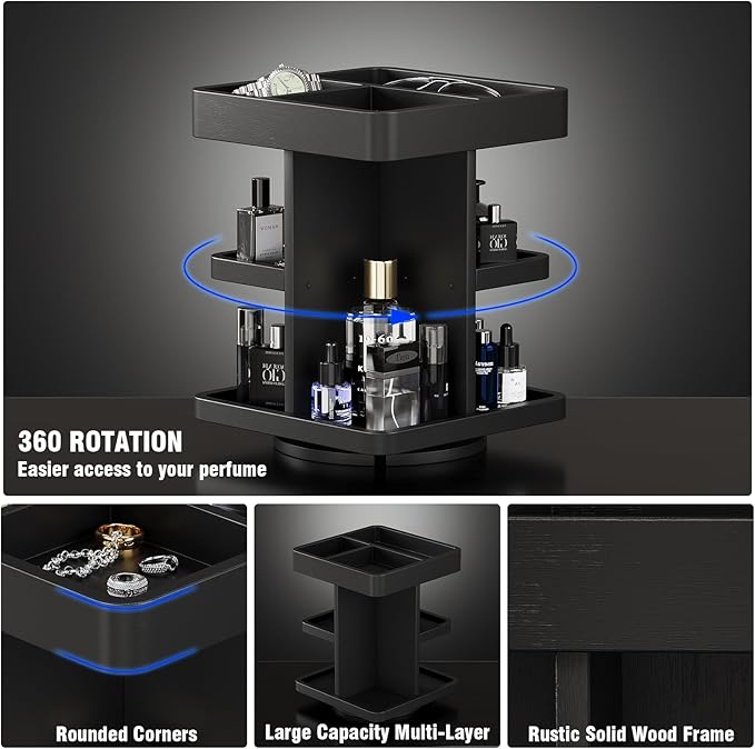 3-Tier Rotating Cologne Organizer for Men, Large-Capacity Wooden Perfume Display Stand for Desk & Nightstand, Rounded Corner Design, Birthday Gift for Men (Black)