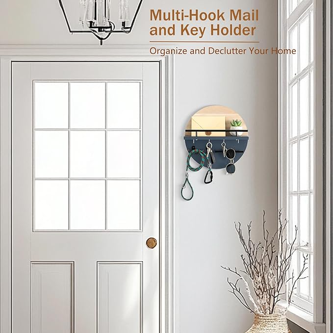 dreampossible Key Holder for Wall Decorative with Shelf and Hooks, Mail Organizer Wall Mount with Sunglasses Holder, Circular Design Entryway Key Rack Hanger, Rustic Home Decor