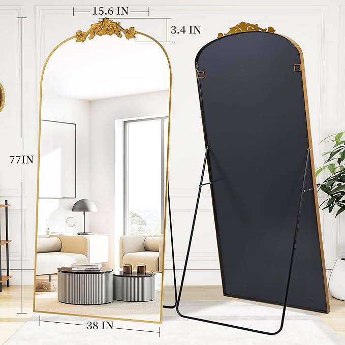 Vintage Full Length Mirror,78"x38" Arched Antique Floor Mirror with Carved Metal Frame,Large Standing Wall Mounted or Leaning Mirror for Bedroom Living Room Entryway,Gold
