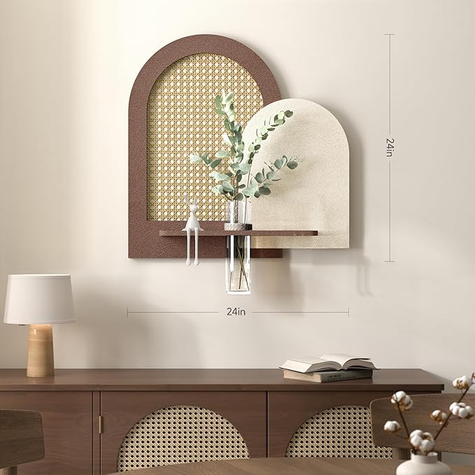 Troartos 3D Textured Boho Wall Decor with Shelf, Neutral Beige Brown Woven Rattan Sandstone Wall Art, Minimalist Arched Artwork for Living Room, Hallway, Kitchen, Bedroom, Office, 24x24 Inch