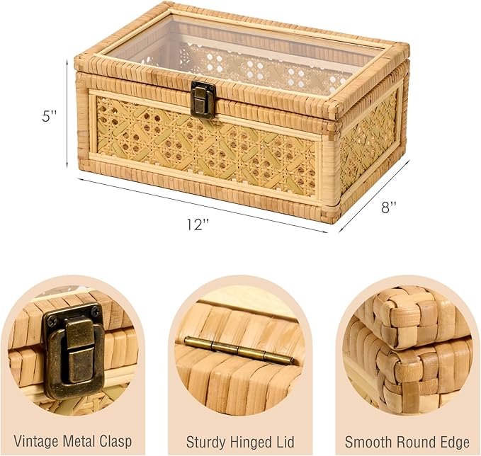 Decorative Rattan Box with Clear Glass Lid Wooden Frame Handmade Boho Natural Wicker Basket Woven Cane Bin Keepsake Memory Jewelry Organizer Rectangular Desk Shelf Closet Container (Large)