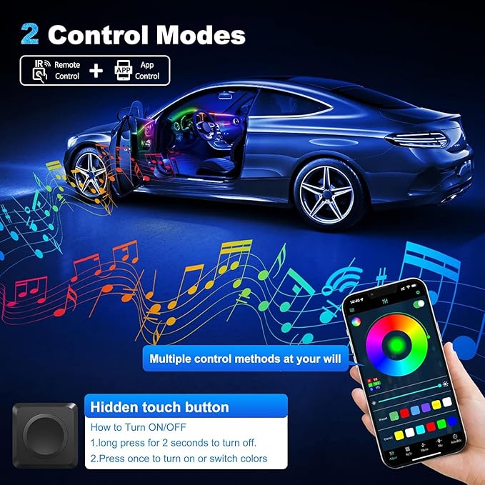 Acrylic Interior Car LED Strip Light with Wireless APP, RGB 10 in 1 with 175 inches 593 LEDs Fiber Optic Ambient Lighting Kits, 16 Million Colors Sound Active Function Car Neon Lights
