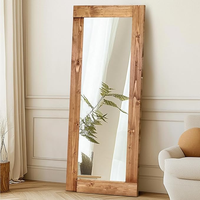 Full Length Mirror 58"x24" – Solid Wood Frame, HD Tempered Glass, Wall Mounted & Leaning, Rustic Modern Decor for Bedroom, Living Room, Entryway, Light Brown