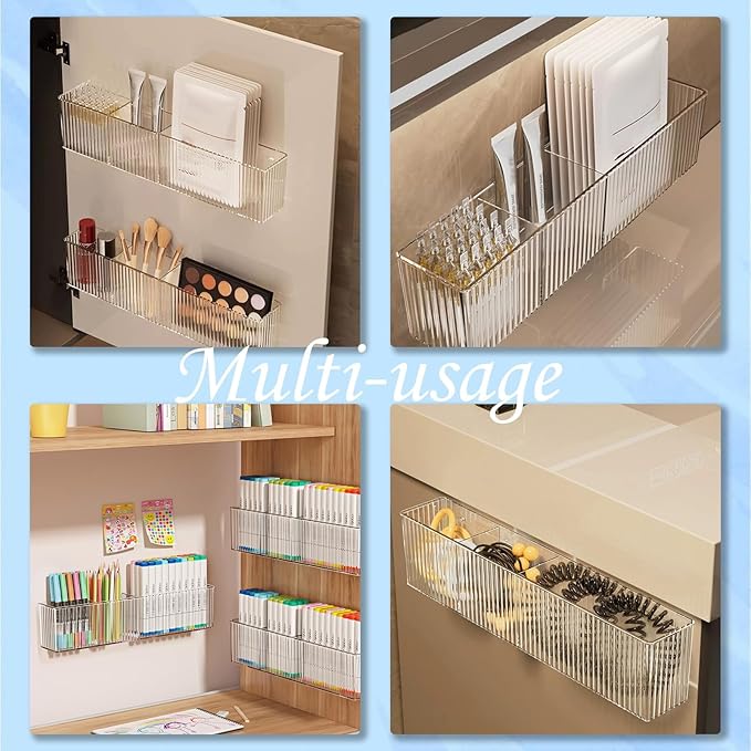 2 Pack Bathroom Wall Makeup Organizer Clear Bathroom Organizers and Storage with 3 Compartments Plastic Storage Organizer Bins Floating Shelves for Wall, Narrow Space, Office, Bedroom 14''Length