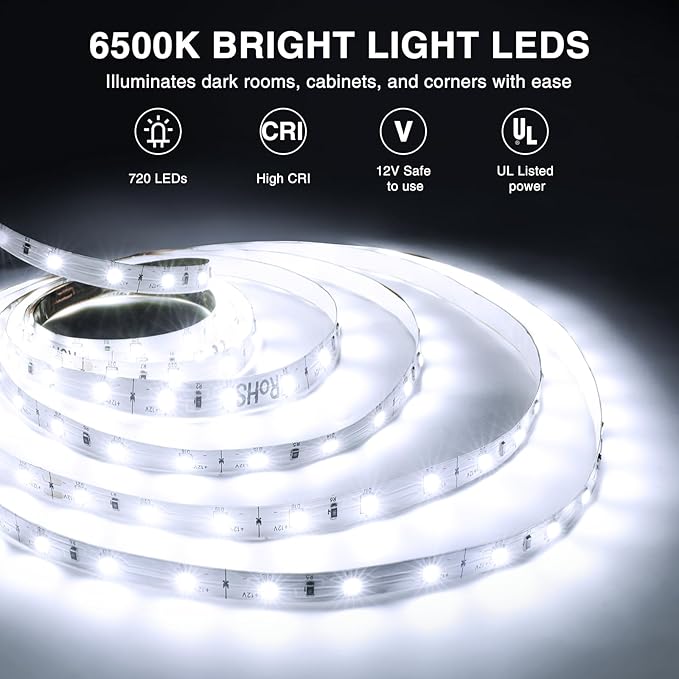 Onforu LED Strip Lights,39.37ft 6000K Dimmable Daylight White Tape Light,12m 720 LEDs 2835 Flexible Ribbon Mirror Light, 12V Adhesive Rope Lights for Kitchen, Under Cabinet, Bedroom