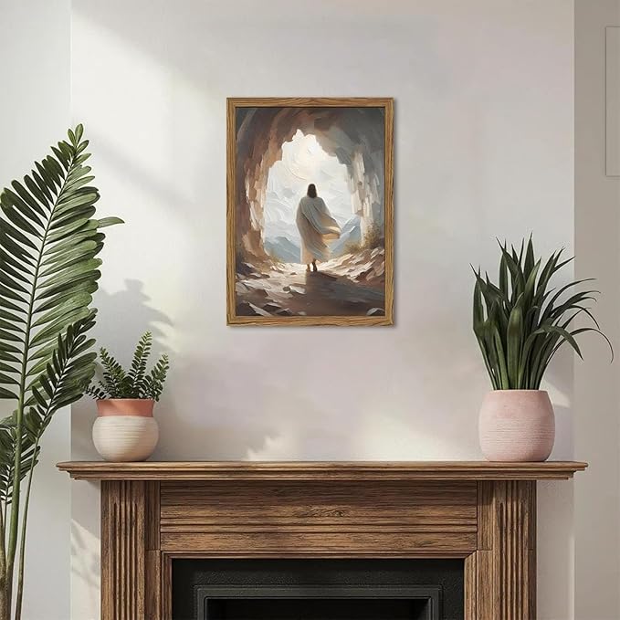 Jesus Leaves the Tomb Wall Art Easter Christian Wall Decor Painting Jesus Resurrection Artwork Religious 3D Textured Hand Drawn Sandstone for Bedroom Living Prayer Room 12x16 inch Wood Framed