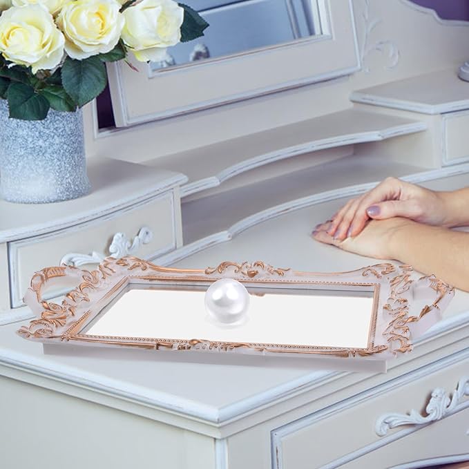 CALLARON Vintage Gold Mirror Vanity Tray Decorative Trinket Dish Jewelry Holder for Perfume and Makeup Organizer Bathroom Dresser Accent