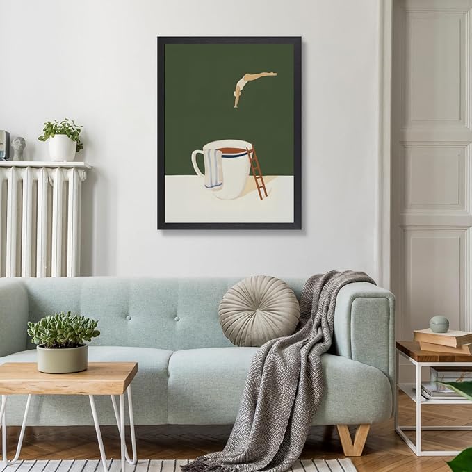 Cyebmo Modern Coffee Wall Art, Funny Diver Wall Decor, Vintage Kitchen Wall Decor, Minimalist Cafe Canvas Painting, Green Abstract Espresso Artwork for Kitchen Cafe Coffee Bar Wood Framed 12x16 Inch