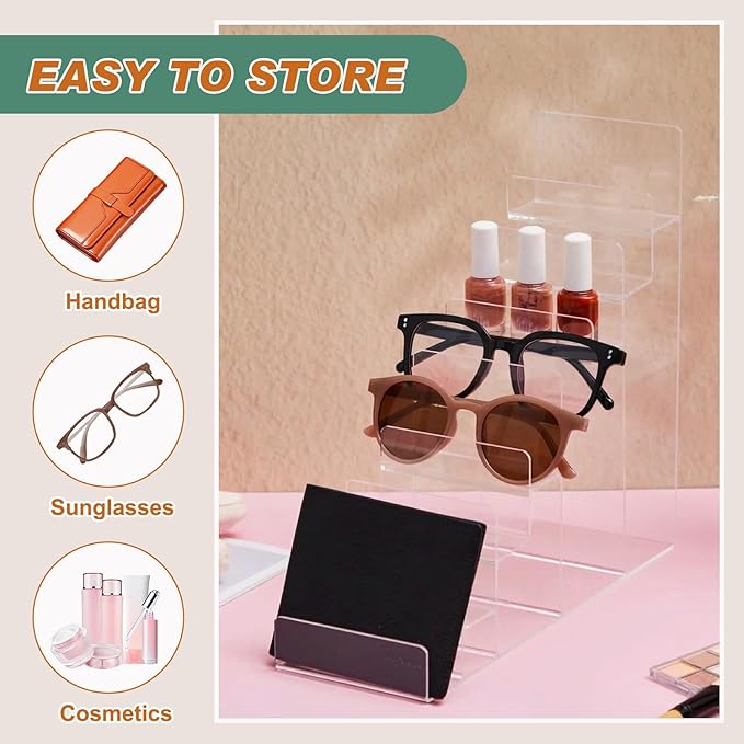 Kathfly 2 Pack 8-Tier Acrylic Wallet Display Stand Clear Purse & Handbag Organizer Riser Shelf for Perfume, Sunglasses, Cosmetics, Jewelry Vendor Display for Craft Fairs, Retail