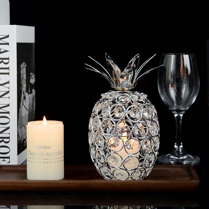 Set of 3 Crystal Metal Pineapple Pear Table Centerpiece Handmade Crystal Candlestick Hollow Fruit Ornament Home Party Wedding Holiday Bar Decoration (Silver, Set of 3)