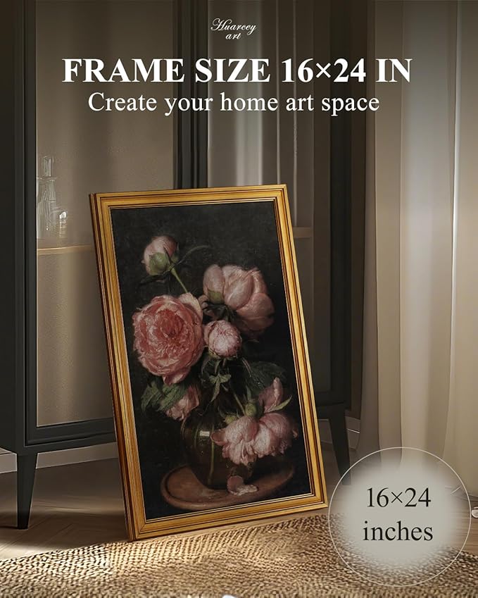 HUARCEY Framed Canvas Wall Art Prints, Bathroom Shelf Vintage Decor Aesthetic, Peony Floral Paintings Farmhouse Wall Decor, Retro Table Desk Decoration for Bedroom Living Room, 16x24Inch