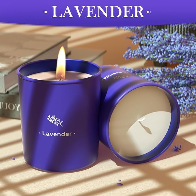 TranquilBliss Lavender Candles for Home Scented, 8 oz Scented Candles Present, Purple Jar Wax, Made with Soy for Women, 45 Hour Long-Lasting Burn for Girl Women Birthday Present Giving - 2 Pack