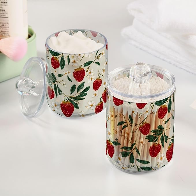 2 Pack Apothecary Jars Cheerful Strawberry Star Pattern Bathroom Vanity Storage Organizer Set,Small Clear Plastic Storage Jars Bathroom Canister for Cotton Swabs, Rounds, Balls, Qtips,Makeup Sp
