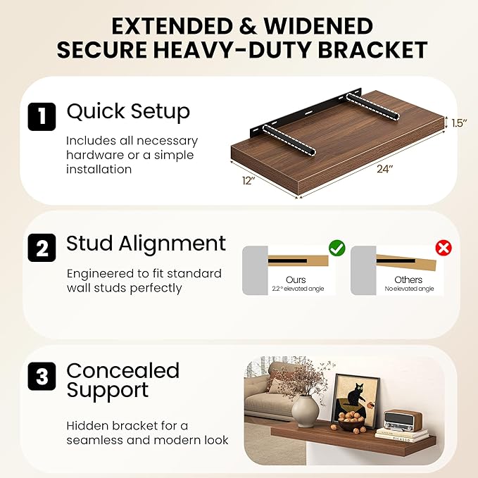 Fun Memories 40 Inch Floating Shelves, 12 Inch Deep Wall Shelves, 40 x 12 Floating Shelf Set of 2, Walnut Wood Floating Shelf Wall Mounted, Large Kitchen Living Room Bedroom Bathroom Storage Shelves