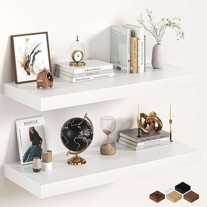36Inch White Floating Shelves for Wall, 12 Inch Deep Shelves for Bedroom, Kitchen, Bathroom Wall Mounted, Rustic Wood Floating Shelf with Invisible Brackets for Books, Storage, Decor, 2 Packs