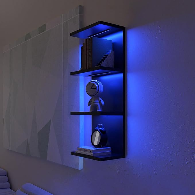 VIWODS 4-Tier Wall Shelf Unit with RGB Lights, Floating Lack Shelf for Home Decor, Wall Mounted Vertical Display Shelf for Bedroom Living Room Vanity, Black