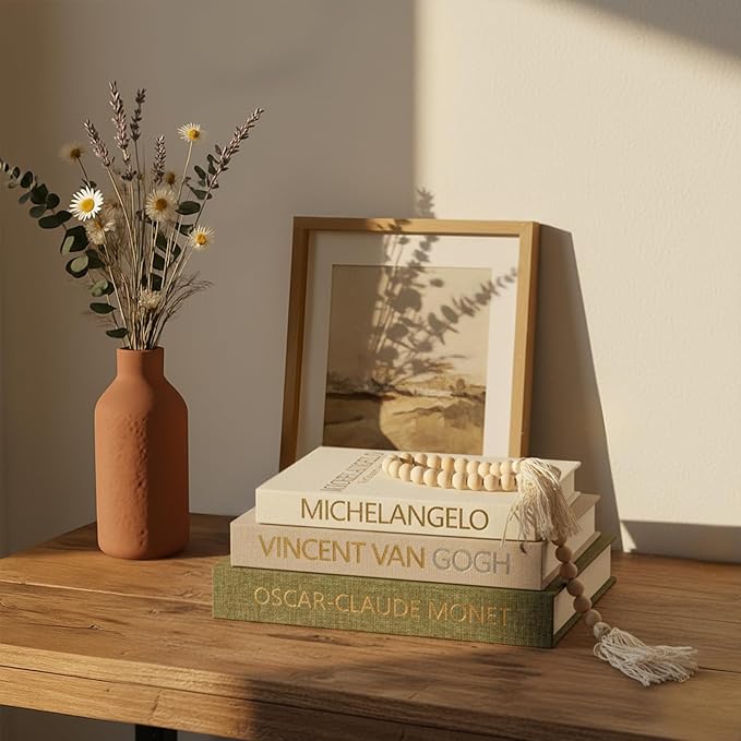 Aesthetic Decorative Books for Home Decor w. Wood Bead - Set of 3 Linen Fake Books for Decoration, Coffee Table Book Box Decor for Mantle/Bookshelf/Farmhouse/Entryway/Nightstand