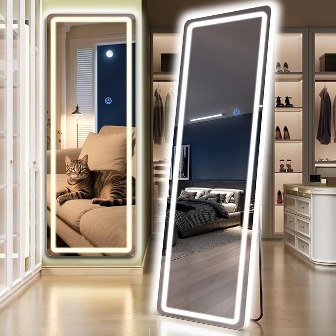 Standing Mirror Full Length with LED Lights, 71"x26" Lighted Mirror with Dimming & 3 Color Lighting, Tall Mirror Full Body for Bedroom, Dressing Room