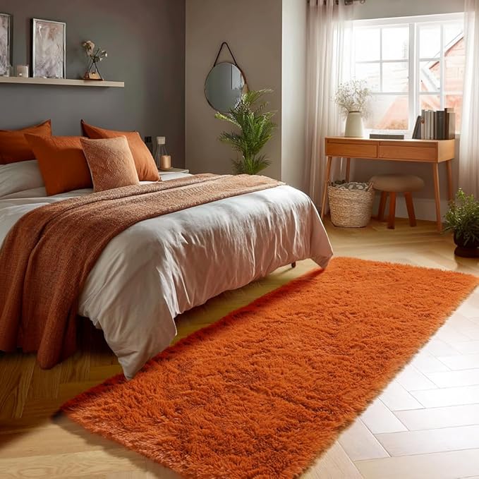 Amdrebio Burnt Orange 2x6 Runner Rugs for Bedroom Living Room, Fluffy Fuzzy Shaggy Furry Bedside Area Rug for Kids Room Decor Aesthetic, Cute Plush Shag Dark Orange Carpet for Nursery Dorm Playroom