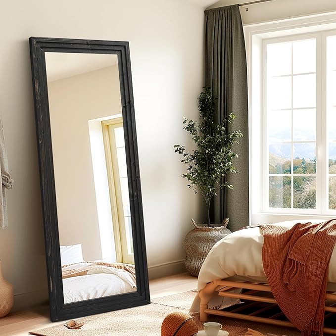 Full Length Mirror 58"x22" Solid Wood Frame Floor Large Mirror for Living Room, Bedroom Hanging or Leaning Wall-Mounted, Black