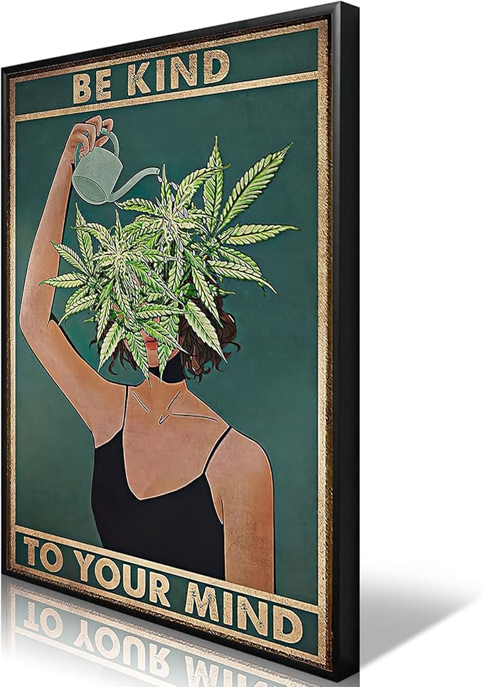 Framed Art Vintage Be Kind To Your Mind Poster Mental Health Quote Canvas Wall Art Cool Poster Unique Green Plant Girl Print Painting Retro Home Wall Decor Picture for Women Bedroom 24x36in