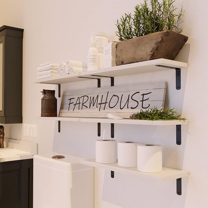 RICHER HOUSE Floating Wall Shelves, Rustic Wood Bathroom Shelves Set of 5, Farmhouse Style Shelf for Décor, Hanging Bedroom, Storage, Kitchen, Living Room - White