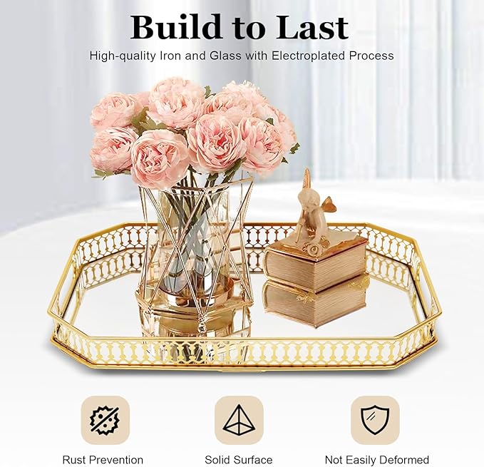 Gold Decorative Rectangular Desktop Tray, Perfume and Makeup Organizer with Handles for Dresser, Older Organizer for Women Dresser & Bathroom Countertop