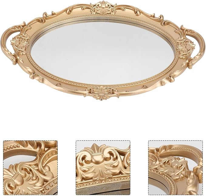 TIDTALEO Vintage Mirror Tray Perfume Photographing Prop Decorative Storage Plate Makeup Organizer Retro European Oval Gold Vanity Tray for Home Décor