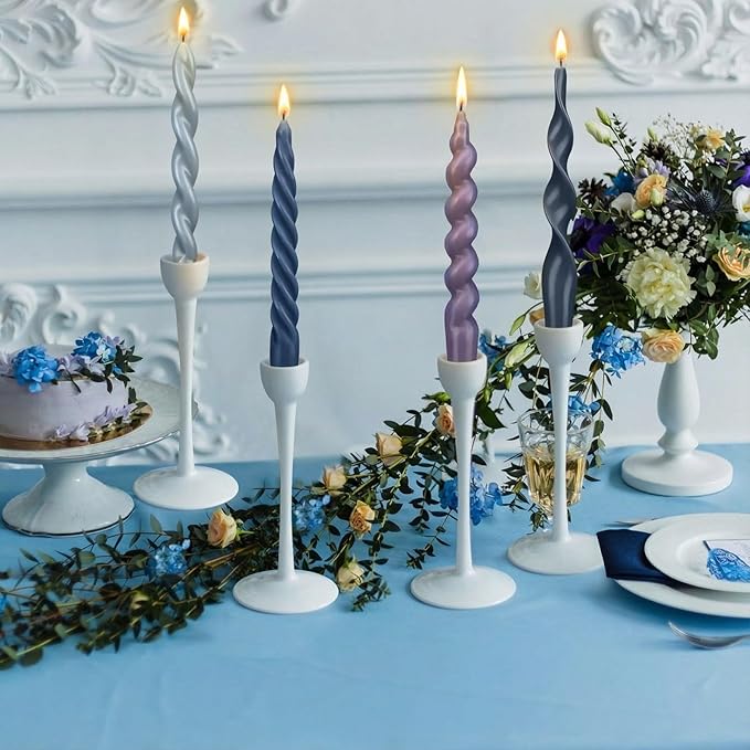 Nuanchu 4 Pcs Twisted Taper Candles Wax Unscented Smokeless Spiral Swirl Candlesticks for Wedding Holiday Dinner Party Home Decorations(7.87 Inch,Pure,Blue)