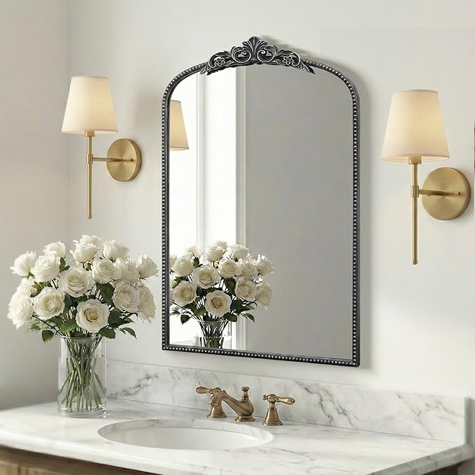 Micasso Vintage Wall Black Mirror: 24" x 36" French Baroque Antique Mirror - Traditional Ornate Decorative Arched Mirrors for Wall/Bathroom/Entryway/Fireplace/Hallway - Home Decor for Living Room