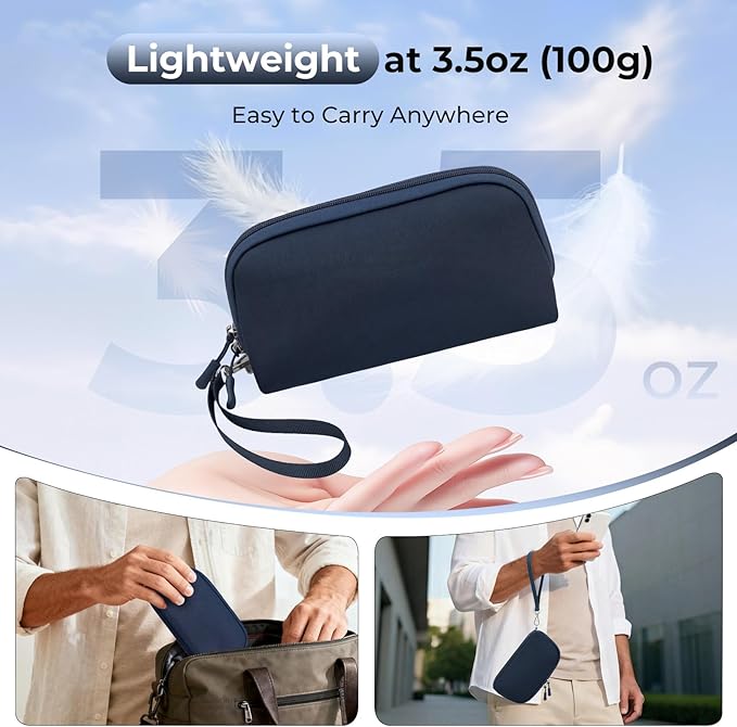 FYY Travel Cable Organizer - 8 Compartments Lightweight Water Resistant Tech Pouch with Wrist Strap, Portable Electronic Accessories Case for Cord Charger Storage for Travel Home Office, Navy (Small)