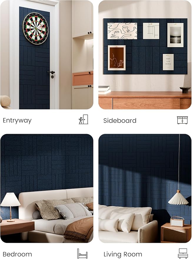Bumusty Large Cork Board Alternative-36 x 24" Felt Bulletin Board Tiles, with 30 Pushpins, 40 Adhesive Tabs, Bold-Stripe 6-Pack, Cork Boards for Office Push Pin Board Felt Board-Carbon Blue