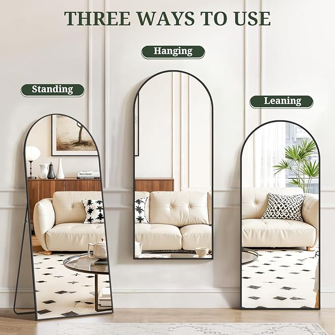 Mirror Full Length 56"x21" Full Body Floor Mirror with Stand, Shatterproof Glass, Aluminum Alloy Frame, Free Standing Wall Mounted or Leaning Arched Mirrors for Bedroom Living Room Entryway