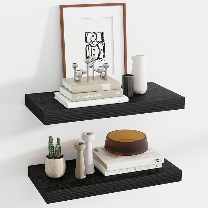 Acovy 12 Inch Deep Floating Shelves, 24 Inch Long Floating Shelves for Wall, Floating Shelf with Invisible Brackets, Deep Shelves for Bathroom, Bedroom, Living Room, 2 Pack, Black